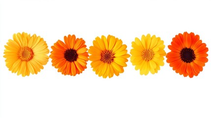 Fototapeta premium Vibrant Orange Yellow Calendula Flowers Natural Floral Design Botanical Summer Blossoms Bright Sunny Petals Detailed Closeup Photography Image Isolated White Background Garden Flowers Nature Theme 