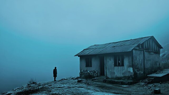 Fog-shrouded mountain huts with figures
