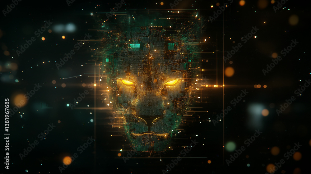 Poster cyber lion: a mesmerizing digital lion, crafted from intricate lines and data, emanating power and c