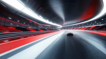 Futuristic Race Track with Sleek Car in Motion, Highlighting Dynamic Curvature and Vibrant Lighting Effects in a High-Speed Environment