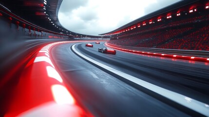 High-Speed Racing Action on Dynamic Circuit with Dramatic Lighting and Blurred Motion Capturing the Thrill of Motorsport Competition