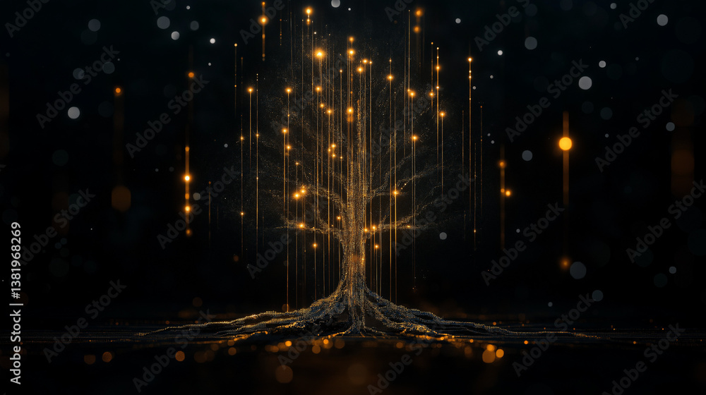 Poster illuminating network: a glowing, digital tree radiates with interconnected nodes and lines against a
