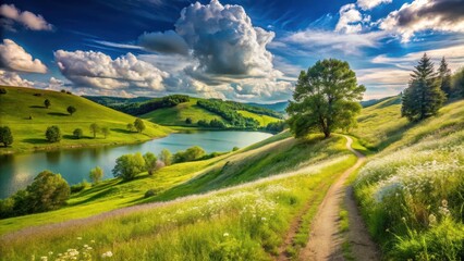 Obraz premium Serene Lakeside Path Winding Through Verdant Hills Under a Dramatic Sky