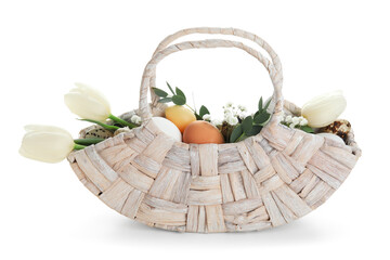 Beautiful basket with Easter eggs, tulip and gypsophila flowers isolated on white background,...
