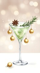 Christmas cocktail with rosemary and golden decor on festive background