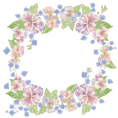 Circular wreath frame made of various flowers. Vintage watercolor illustration for holiday postcards, invitations, romantic greeting cards. Cosmetics, perfumes and home decor. Frame for website or app