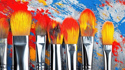 Colorful paintbrushes lined up on a vibrant, splattered painted background