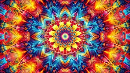 Vibrant Kaleidoscopic Mandala A Symphony of Red, Yellow, and Blue Hues Featuring Intricate Floral Patterns and Symmetrical Design Elements