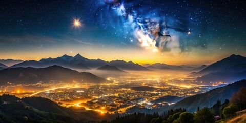 Celestial Panorama A Nighttime View of a Valley City Basking in the Glow of a Thousand Lights, Nestled Among Majestic Mountains Under a Star-Studded Sky Displaying the Milky Way