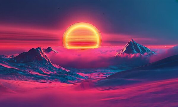 Pixel Art Synthwave Sunset Over Snowy Mountains
