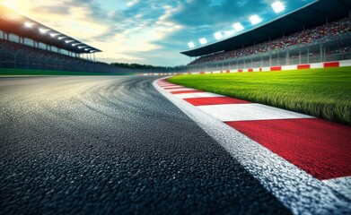 Scenic View of a Racing Track with Asphalt Surface, Vibrant Grass, and Grandstands Under a Dramatic Sky during Sunset