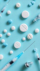 Assorted pharmaceutical items on a light blue background