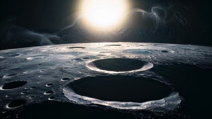 A stunning, high-contrast, and highly detailed depiction of the moon's luminescent surface as seen from space, with the cratered terrain and majestic mountain ranges illuminated by the soft