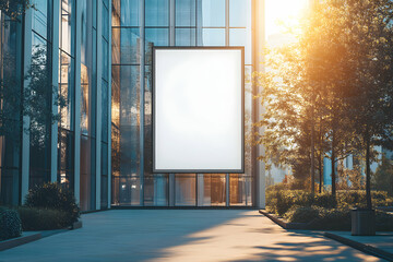 Obraz premium Modern Urban Billboard Mockup on Glass Building Facade at Sunset