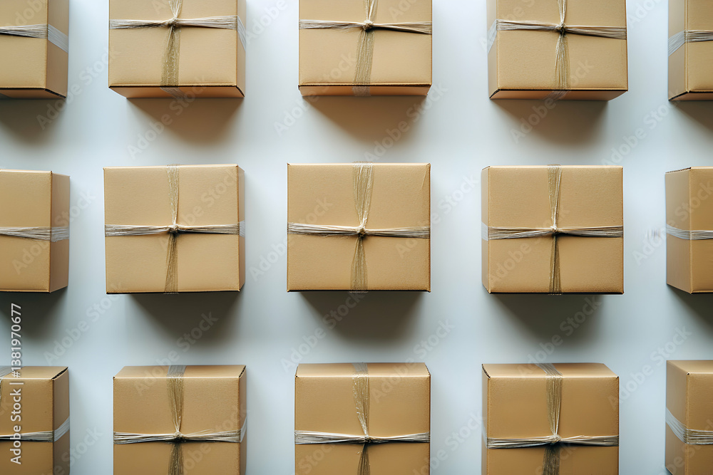 Poster neatly arranged cardboard boxes on white background in flat lay style