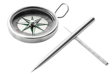 Sleek Silver Compass & Precision Pointer: Navigation Tools on White