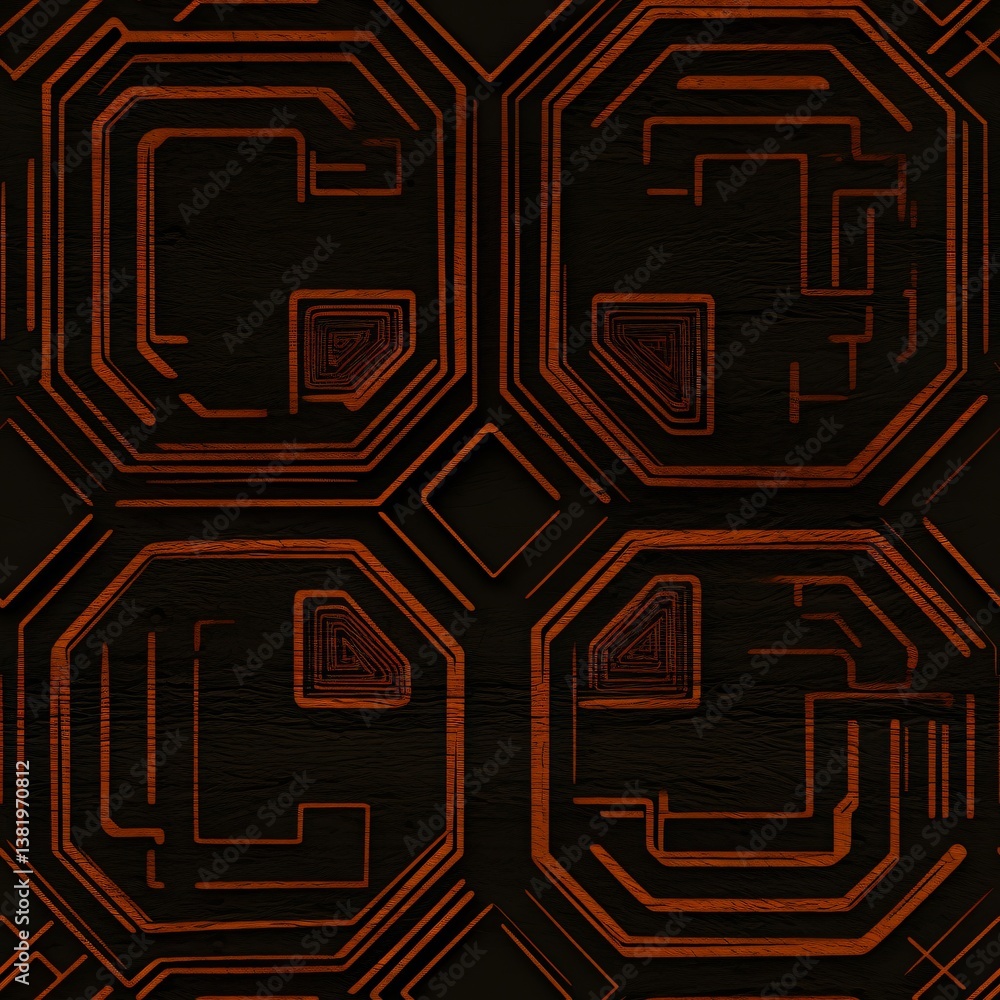 Poster futuristic circuit board seamless pattern. digital technology background with orange lines on black.