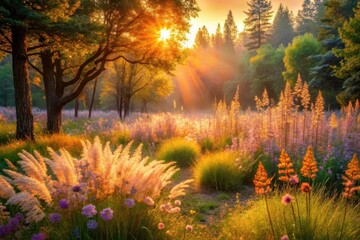 Golden Sunrise Illuminates Serene Meadow with Vibrant Wildflowers and Tall Grasses Under Majestic Trees