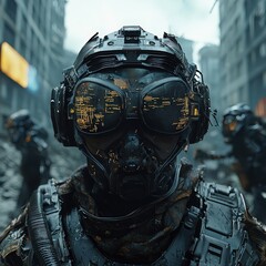 Fototapeta premium A man in a black and gray suit with a mask on his face and goggles on his head