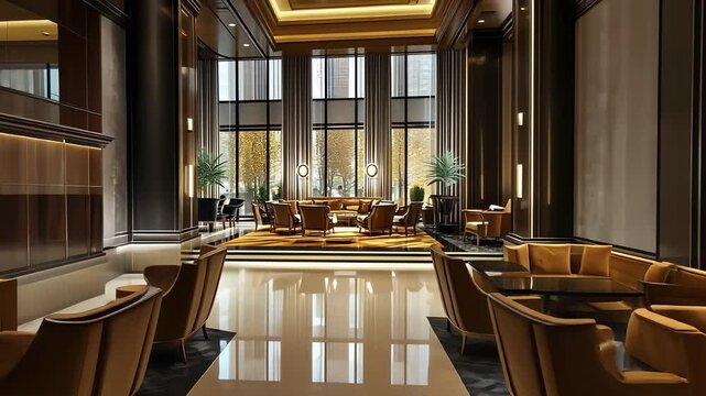 Luxurious Hotel Lobby with Elegant Furnishings, High Ceilings, Polished Floors, and Warm Ambient Lighting

