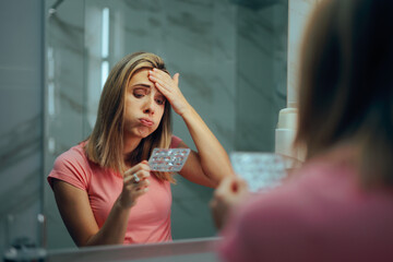 Woman Holds Empty Pill Foil Forgetting to Buy New Treatment. Person regrets not buying enough pills...