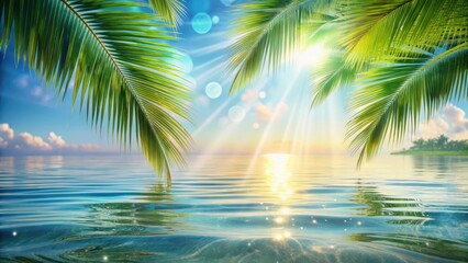 Fototapeta na wymiar Serene Coastal Vista Palm Fronds Frame a Sunlit Ocean Scene at Dawn