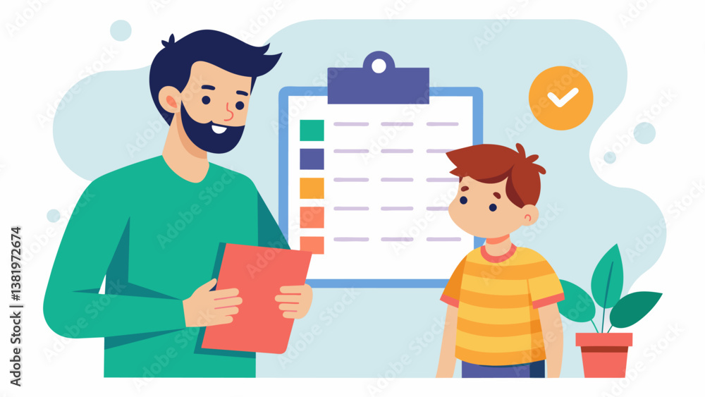 Poster a father reviews the schedule for the day with his child making sure they know what classes they hav