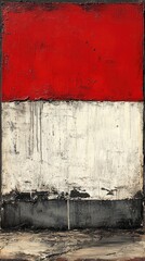 Abstract painting with bold red, white, and grey vertical stripes. Textural layers and drips