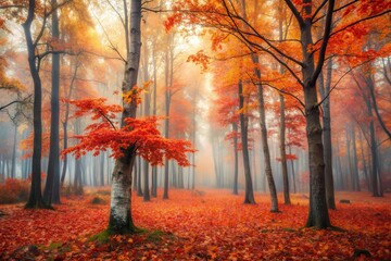Obraz premium Enchanted Autumn Forest Path A Mystical Scene of Vibrant Red and Orange Foliage Under a Misty Sky