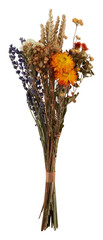 Bouquet of flowers, barley ears, withered sunflowers cut out isolated transparent background