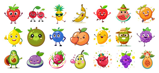 Obraz premium A set of 20 vector illustrations of cartoon fruits with faces and limbs, each fruit exhibiting a unique personality and design against a white background.