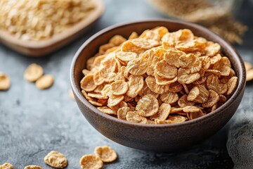 Obraz premium Crunchy cereal filling a rustic bowl on a table