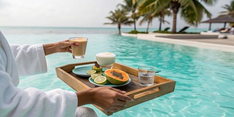 Obraz premium Delicious tropical breakfast served by the poolside with fresh fruit and drinks in a serene coastal setting