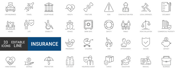 Insurance and safety elements - minimal thin line icon set. outline symbols collection for web. simple vector illustration.