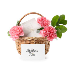 Basket with carnations, gift box and postcard for Mother's Day on white background