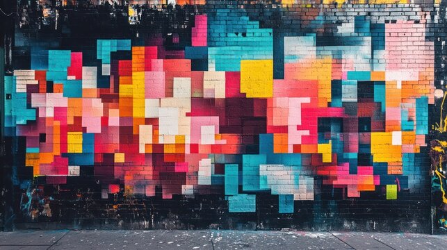 Colorful pixelated mural on urban brick wall, city alley background, design inspiration