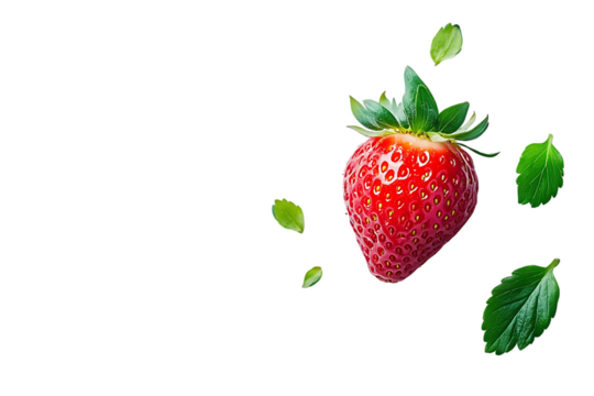 Floating Strawberry with Detached Leaves on White Background