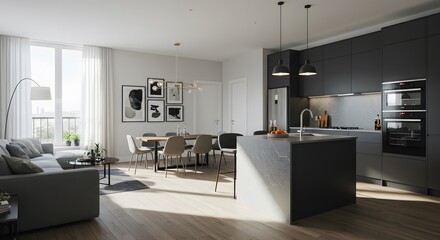 Obraz premium Modern apartment living room kitchen.