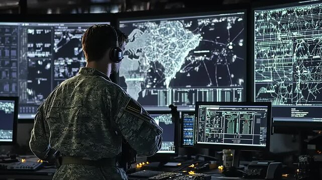 Soldier in Camouflage Uniform Overseeing Operations at Command Center with Multiple Screens Displaying Military Data and Strategic Maps in Dark Room