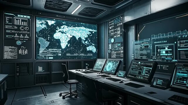 Sophisticated Control Room Interior Featuring Global Network Display Panels And Advanced Cyber Security Systems In A Futuristic Tech Environment