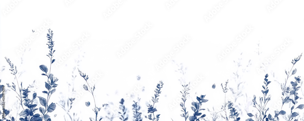 Poster a blue and white background with a field of flowers. the flowers are in various sizes and are scatte
