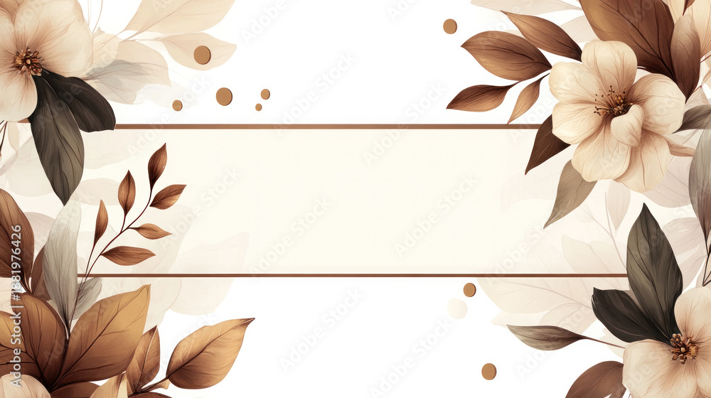 Poster a white background with a brown border and flowers on it. the flowers are in different sizes and are