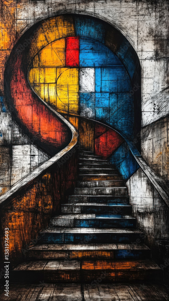 Poster a colorful staircase with a blue and red step. the staircase is painted in a way that it looks like 