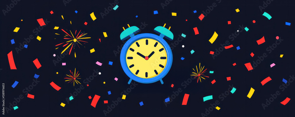 Poster a blue alarm clock with the hands on the numbers 3 and 5. the clock is surrounded by confetti and fi