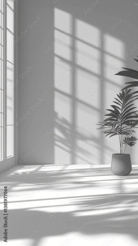 Aufkleber a white room with a large window and a potted plant. the room is empty and the plant is the only obj
