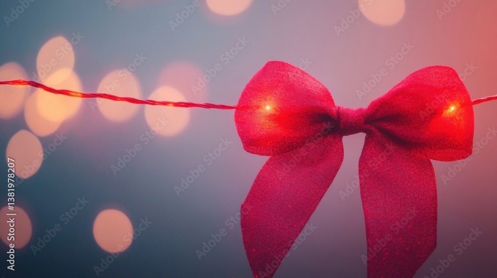 Poster a vibrant red bow is tied around a string of glowing lights, creating a cheerful atmosphere in the e