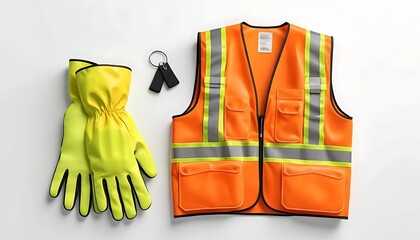 Safety Gear Still Life Including Vest Gloves and Keys on White