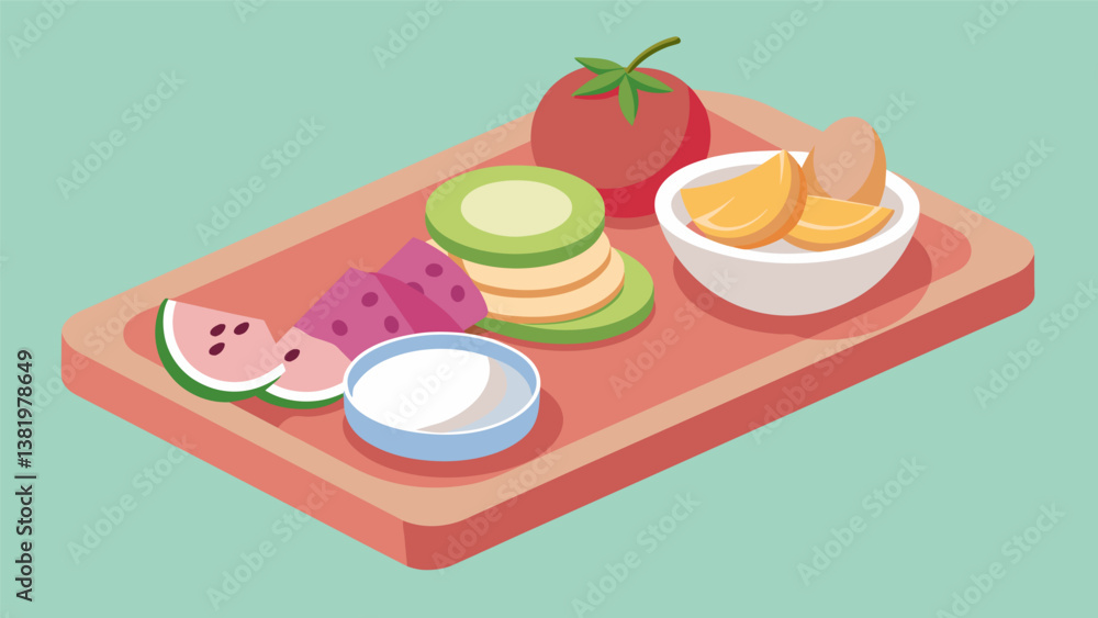 Poster a sctious breakfast snack board with mini pancakes chunks of honeydew melon and a swirl of raspberry