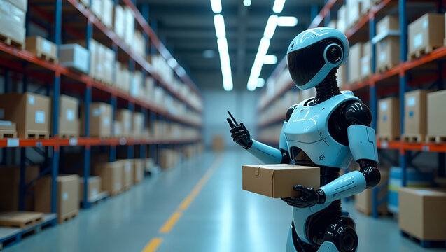 Innovative Warehouse Picking Robots: Advanced Sensor Technology & AI for Automated Inventory Tracking & Efficient Order Processing - Photo Stock Concept