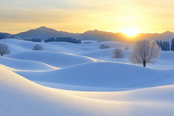 A winter sunrise over rolling snow-covered hills, with golden light casting long shadows